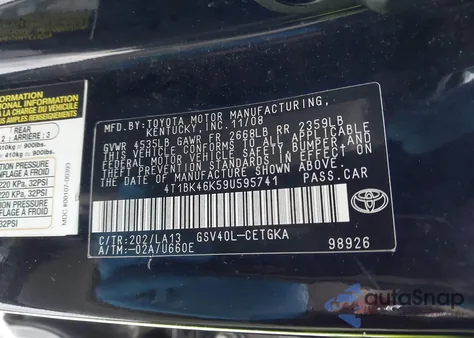 2009 Toyota Camry Xle V6 z USA, uszkodzony, nr VIN 4T1BK46K59U595741